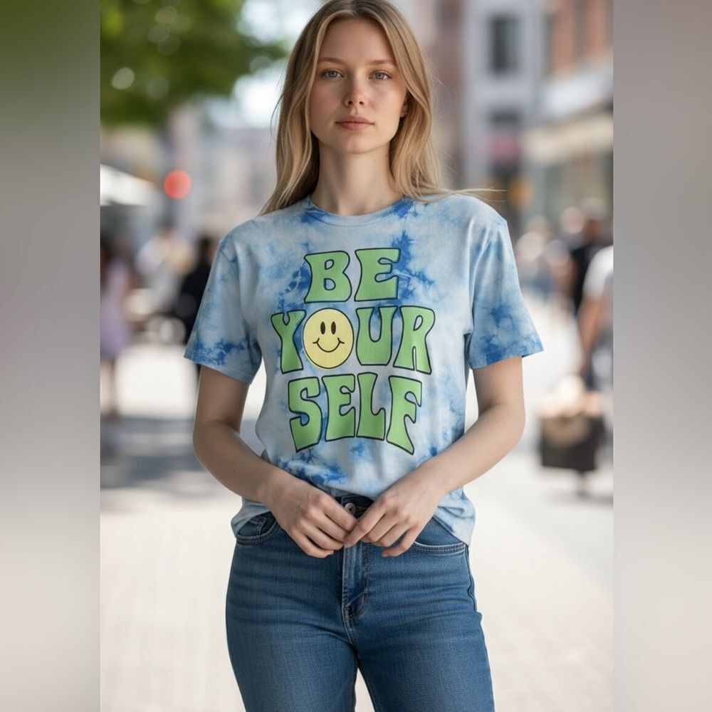 NWOT Junk Food Clothing Blue Tie-Dye 'Be Yourself' Graphic T-Shirt - Size Small
